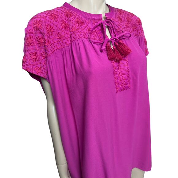 Johnny Was Calme Boho Double Tassel Top Embroidery Blouse L Raspberry Color - Picture 2 of 13